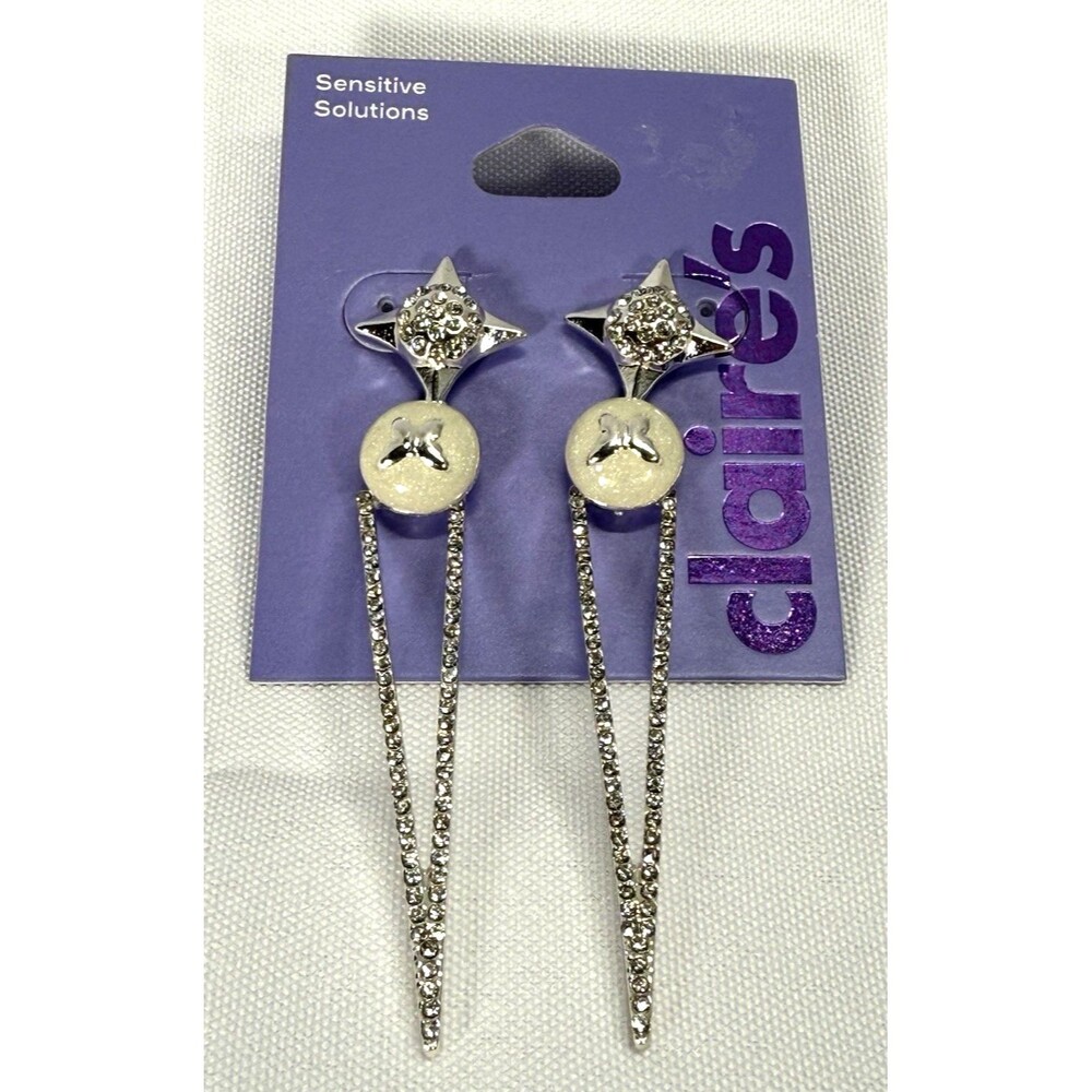 Claire's Sensitive Silver-Tone Butterfly Spike 3" Drop Earrings NWT